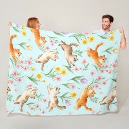 Spring Garden Romp – Playful Cats & Blossoms Fleecedecke