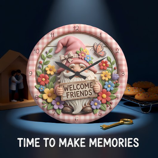 Spring Gnome Welcome Friends Große Wanduhr