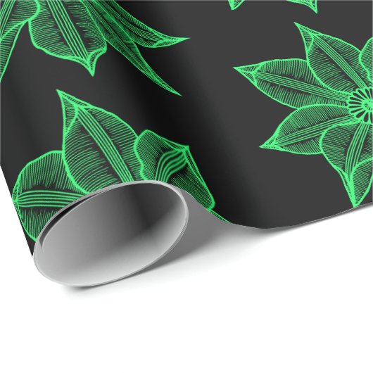 Spring Green auf Black Sketchy Blume Geschenkpapier (Rolleneckpunkt)