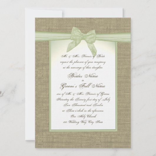 Spring Green Burlap und Bow Country Wedding Einladung (Vorderseite)