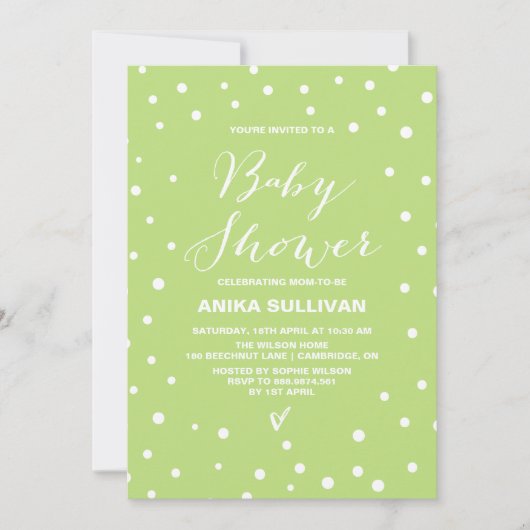 Spring Green Confetti Dots Baby Dusche Einladung (Vorderseite)