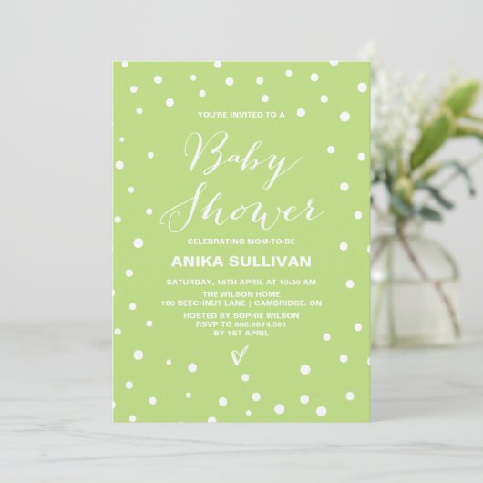 Spring Green Confetti Dots Baby Dusche Einladung (Stehend Vorderseite)