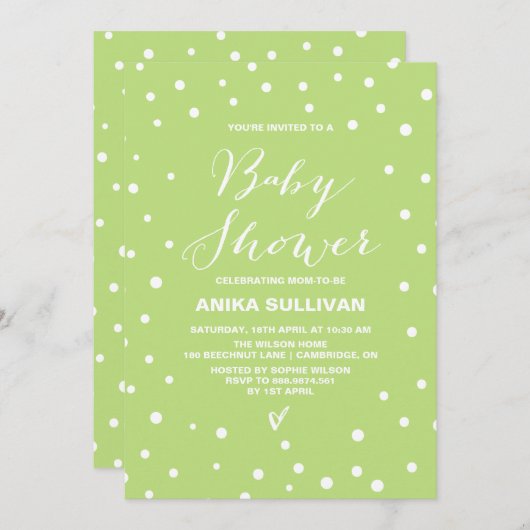Spring Green Confetti Dots Baby Dusche Einladung (Vorne/Hinten)