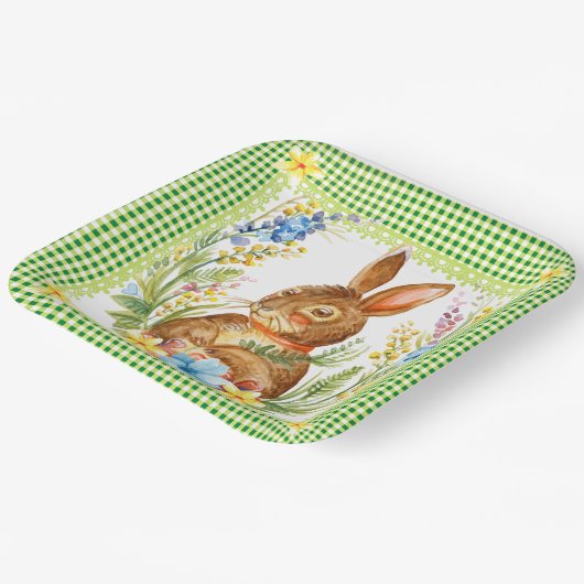 Spring Green Gingham Bunny Plate Pappteller (Gewinkelt)