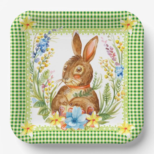 Spring Green Gingham Bunny Plate Pappteller (Vorderseite)