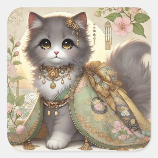Spring Green Kimono Princess Cat Quadratischer Aufkleber (Vorderseite)