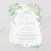 Spring Green Verlasse Boy Christening Erster Gebur Einladung (Vorne/Hinten)