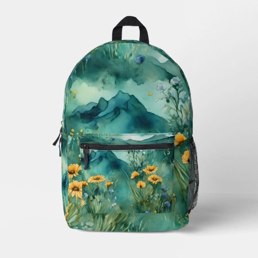 Spring Green watercolor landscape wildflowers Bedruckter Rucksack (Vorderseite)