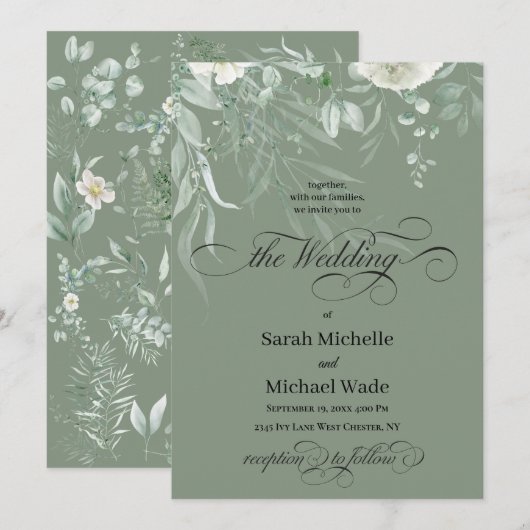 Spring Greenery Calligraphy Wedding Invitation Einladung (Vorne/Hinten)