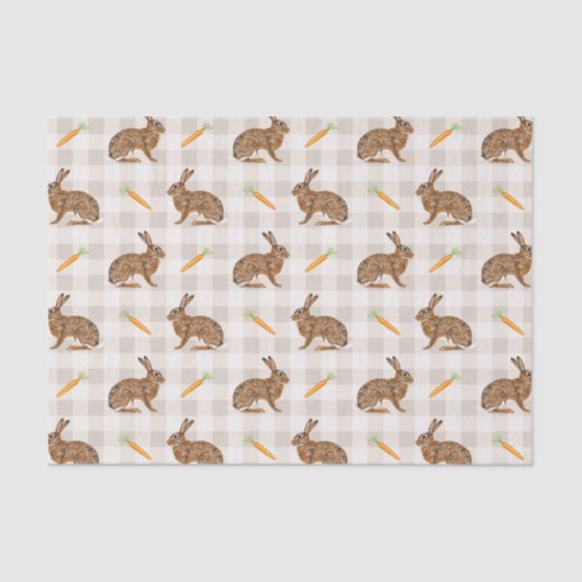 Spring Hare And Carrots Beige Gingham Easter Seidenpapier (Vorderseite)