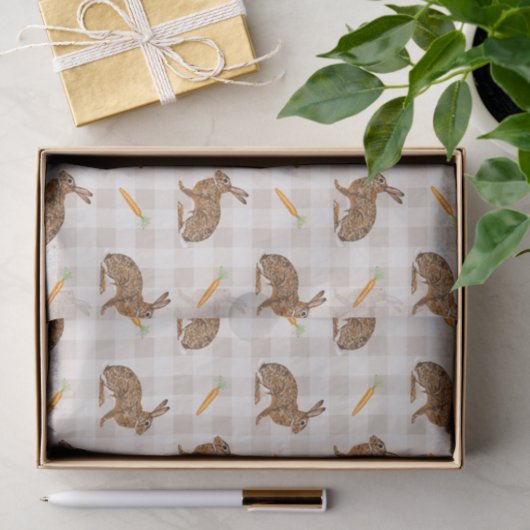 Spring Hare And Carrots Beige Gingham Easter Seidenpapier (Geschenk)