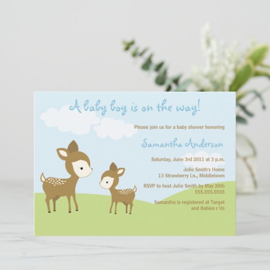 Spring Hirsch and Fawn Baby Shower Invite - Junge Einladung (Stehend Vorderseite)
