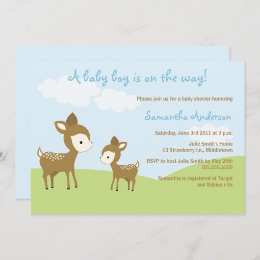 Spring Hirsch and Fawn Baby Shower Invite - Junge Einladung (Vorne/Hinten)