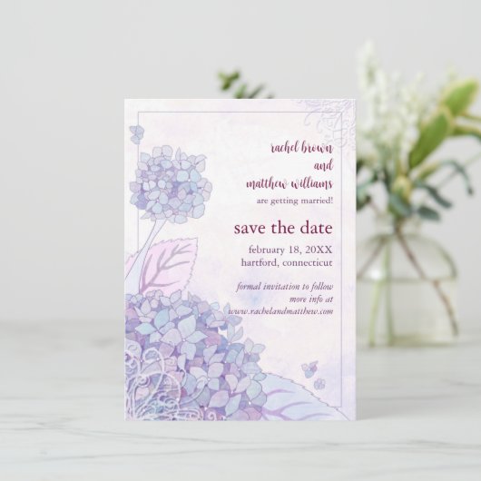 Spring Hydrangea & Wirbel Hochzeit retten das Datu Save The Date (Stehend Vorderseite)