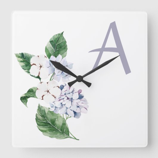 Spring HYRDANGEA with letter customisable Quadratische Wanduhr (Vorderseite)