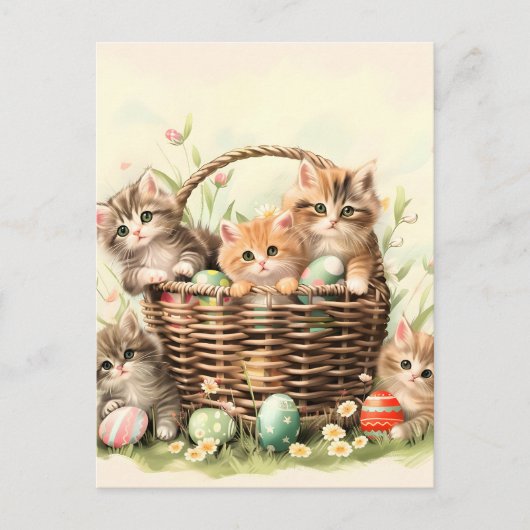 Spring Kitten Oaster Basket Ankündigungspostkarte (Vorderseite)
