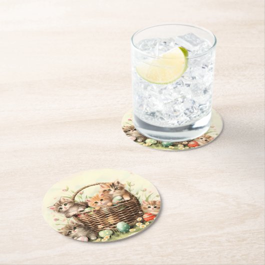 Spring Kitten Oaster Basket Runder Pappuntersetzer (Vor Ort)