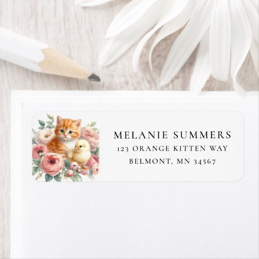 Spring Kitten und Chick Floral Address Label (Insitu)