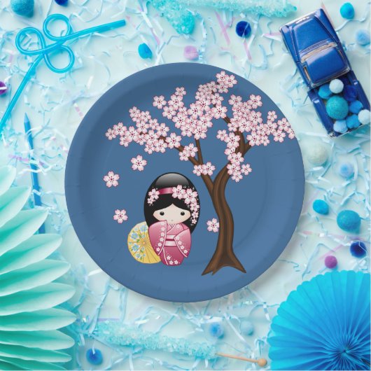 Spring Kokeshi Doll - Niedlich Geisha Girl on Blue Pappteller (Party)