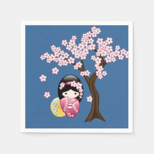 Spring Kokeshi Doll - Niedlich Geisha Girl on Blue Serviette