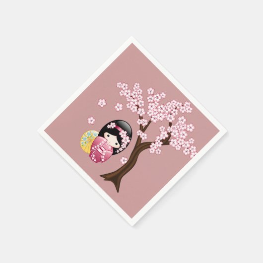 Spring Kokeshi Doll - Niedlich Geisha Girl on Pink Serviette (Ecke)