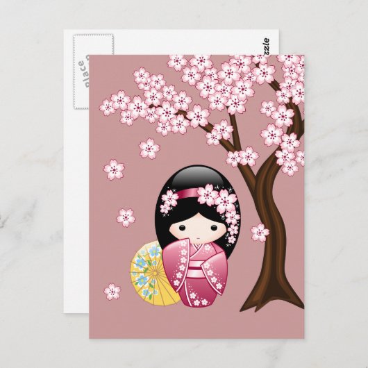 Spring Kokeshi Doll - Niedlich Geisha Vermisst You Postkarte (Vorne/Hinten)