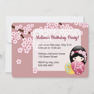 Spring Kokeshi Doll - Niedliche Geisha Geburtstags Einladung