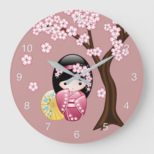 Spring Kokeshi Doll - Niedliches japanisches Geish Große Wanduhr (Vorderseite)