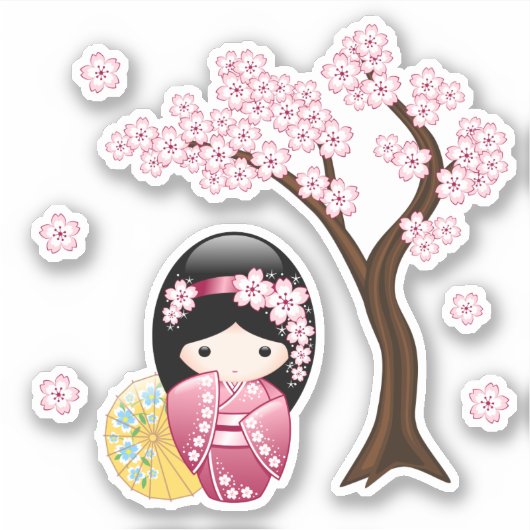 Spring Kokeshi Doll - Pink Kimono Geisha Girl Aufkleber (Vorderseite)