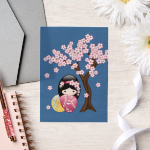 Spring Kokeshi Niedlich Japanisch Geisha Blue Inse Pergament Einladungen