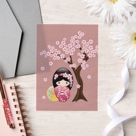 Spring Kokeshi Niedlich Japanisch Geisha Rosa Beil Pergament Einladungen (Hochzeit)