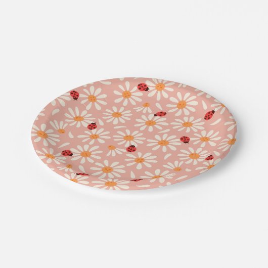 Spring Ladybugs and Daisies Pappteller (Schrägansicht)