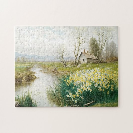 Spring Landscape House Stream Daffodische Blume Puzzle (Horizontal)
