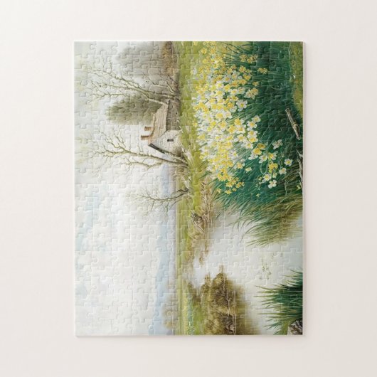 Spring Landscape House Stream Daffodische Blume Puzzle (Vertikal)
