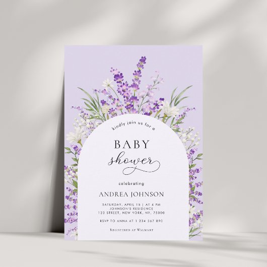Spring Lavender Floral Arch Lila Baby Dusche Einladung