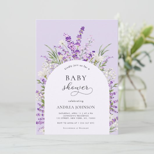 Spring Lavender Floral Arch Lila Baby Dusche Einladung (Stehend Vorderseite)