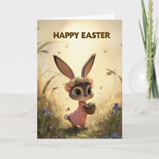 Spring Meadow Bunny in Pink Dress Easter Card Karte (Vorderseite)