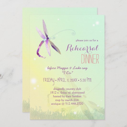 Spring Meadow Dragonfly Hochzeitessen der Probe Einladung (Vorne/Hinten)