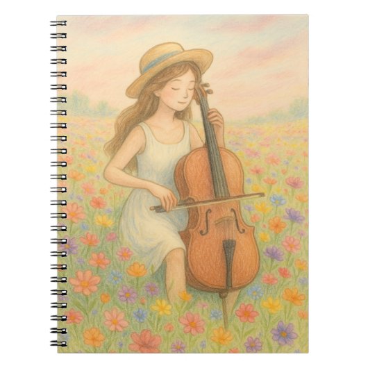 Spring Melody - Girl with Cello in Blume Field 🌸 Notizblock (Vorderseite)