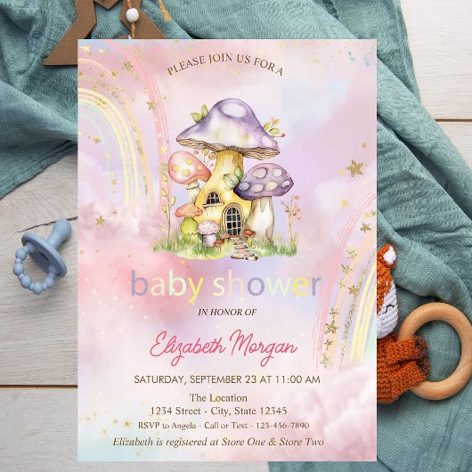 Spring Mushrooms Houses Rainbow Baby Shower Einladung