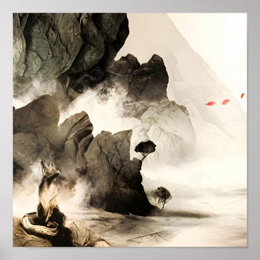 Spring Mystic Fox Misty Mountain Minimalist Zen Poster (Vorne)