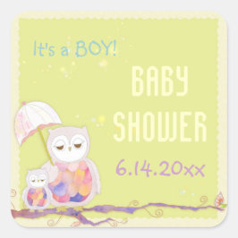 Spring Owls Baby Boy Dusche Quadratischer Aufkleber