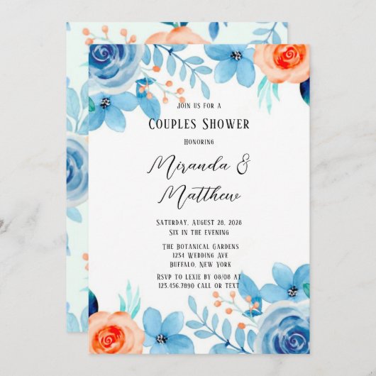Spring Paint Blue Orange Florals Paare Dusche in Einladung (Vorne/Hinten)