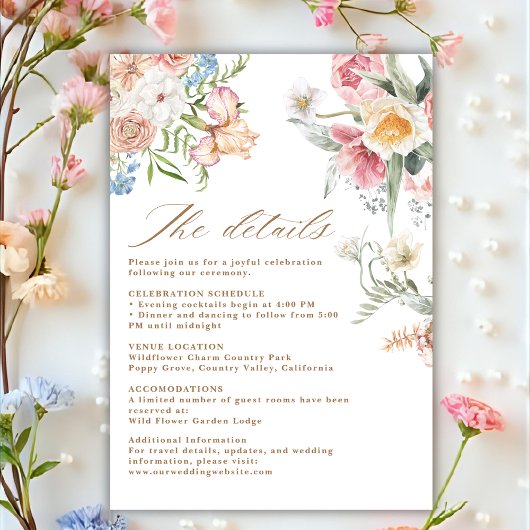 Spring pastel floral wildflower wedding details begleitkarte