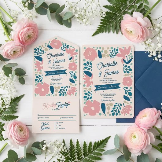 Spring Pastel Petals All in One Wedding Invite Einladung