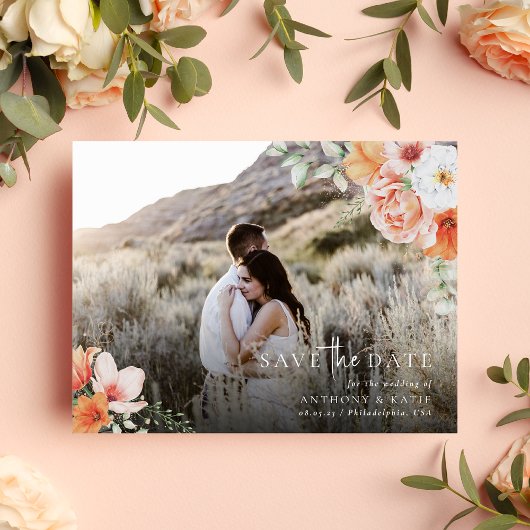 Spring Peach floral Wedding Save the Date Foto Ankündigungspostkarte