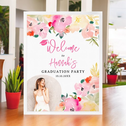 Spring pink boho garden floral graduation welcome poster