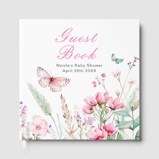 Spring Pink Butterfly Floral Baby Shower Gästebuch (Vorderseite)