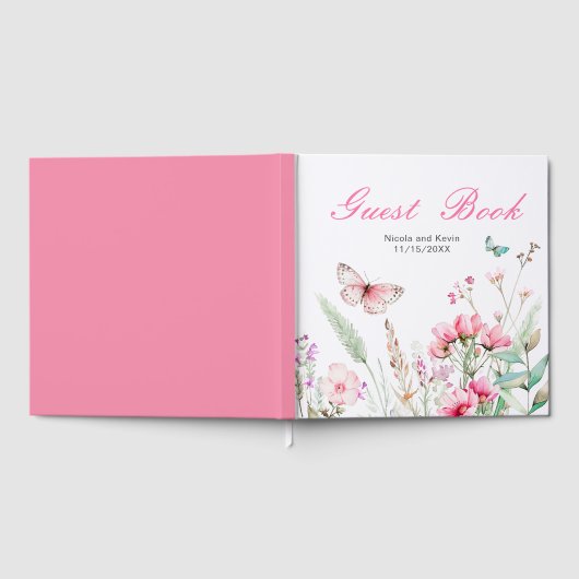 Spring Pink Butterfly Floral Wedding Gästebuch (Voll)