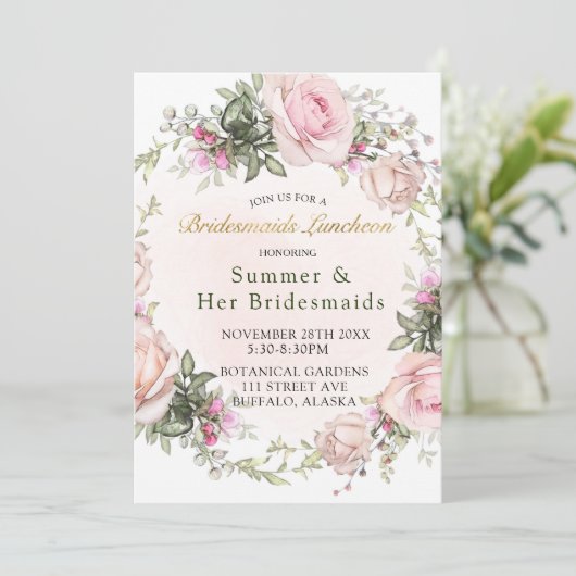 Spring Pink Roses Peony Bridesmaids Luncheon Einladung (Stehend Vorderseite)